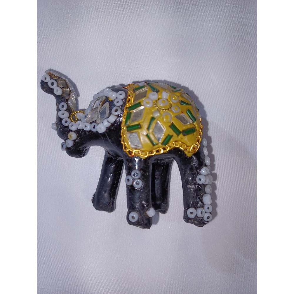Handmade Beaded Mosaic Elephant Figurine Mini Black Gold Green Home Table Decor